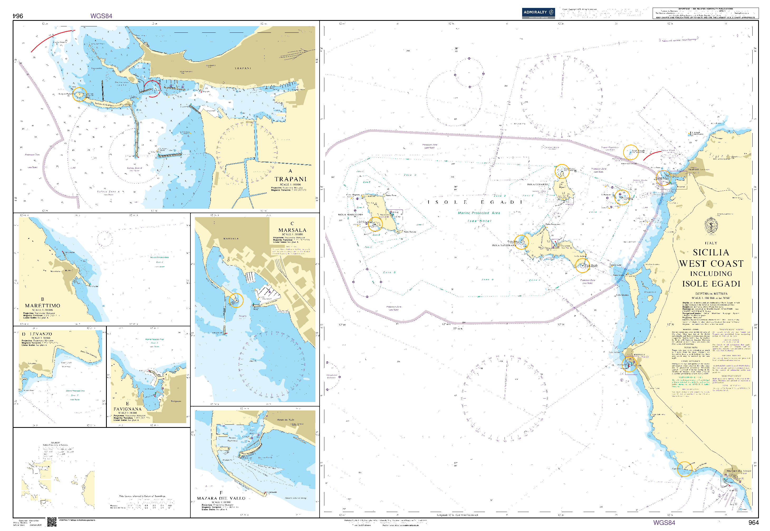 British Admiralty Nautical Chart 964: Italy, Sicilia West Coast including Isole Egadi