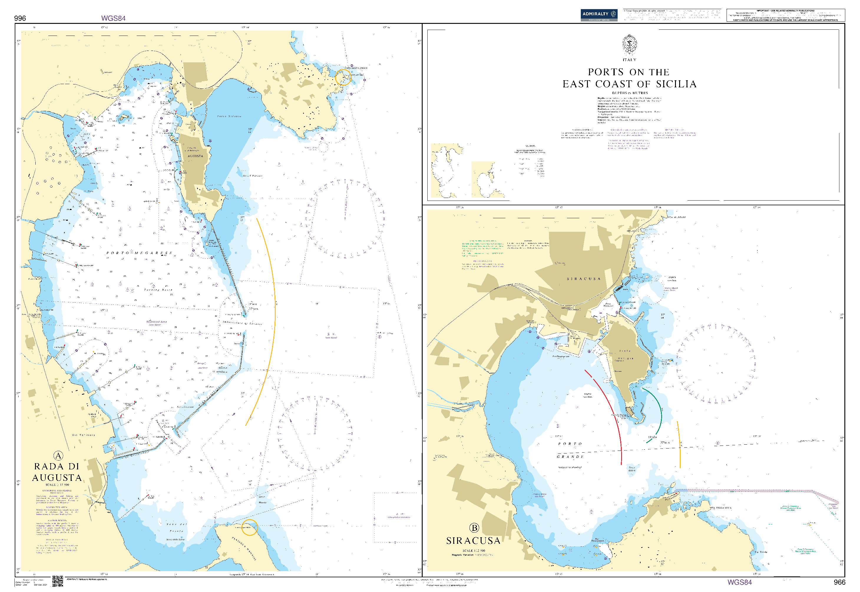 British Admiralty Nautical Chart 966: Italy, Ports on the East Coast of Sicilia