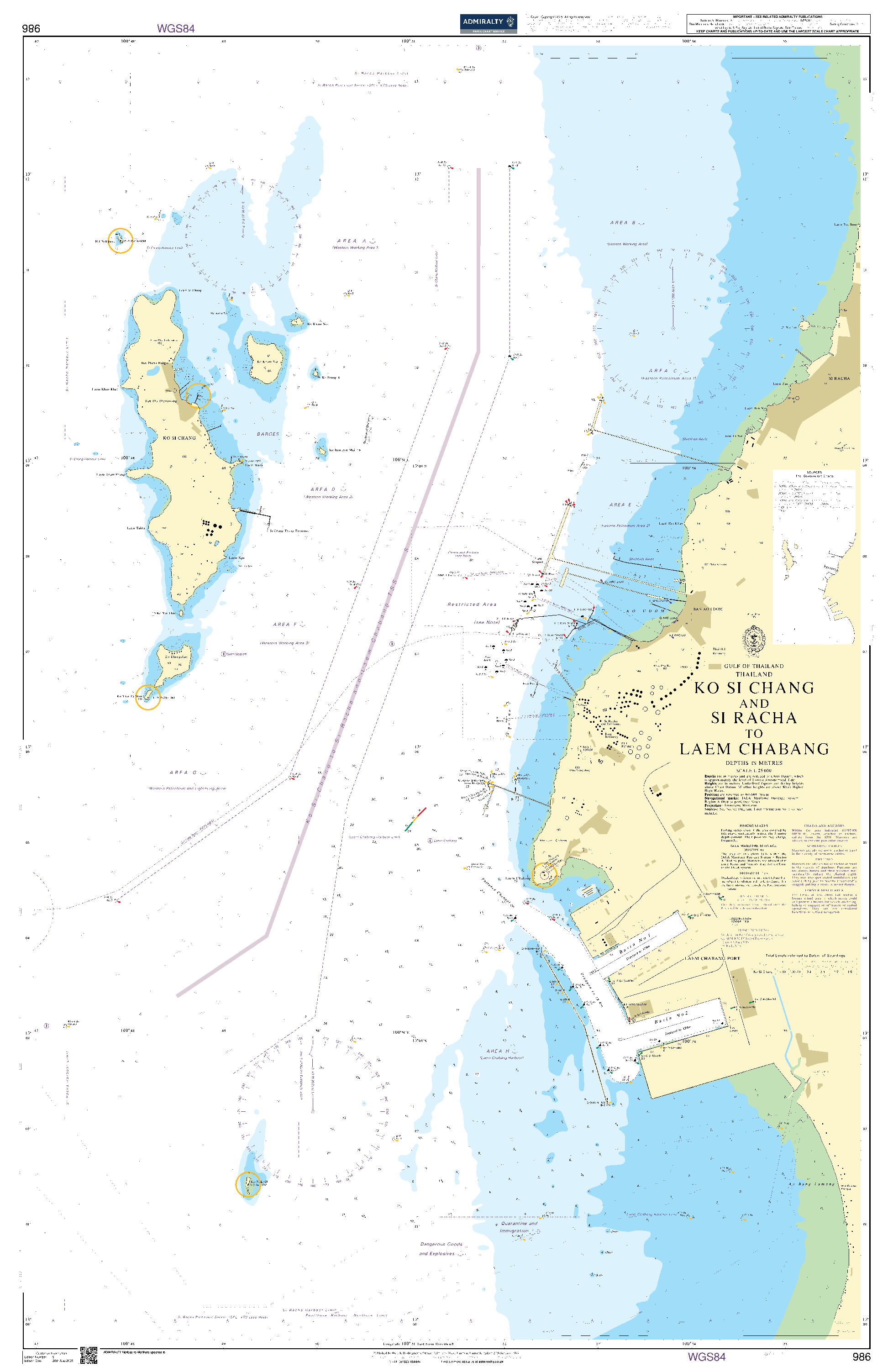 British Admiralty Nautical Chart 986: Gulf of Thailand – Thailand, Ko Si Chang and Si Racha to Laem Chabang