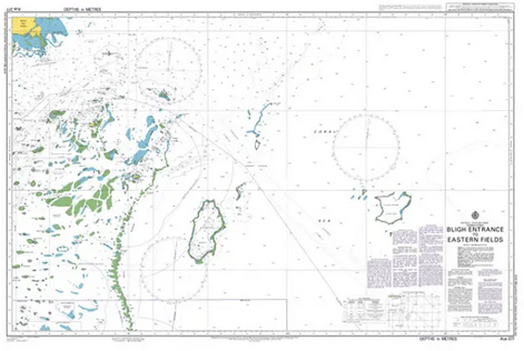 British Admiralty Nautical Chart AUS377: Australia - Papua New Guinea - Torres Strait - Bligh Entrance to Eastern Fields