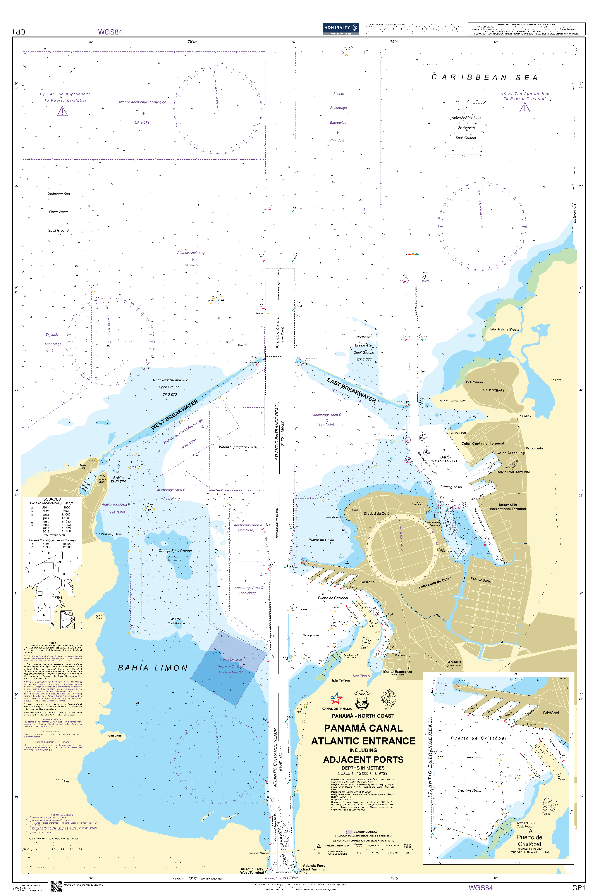 British Admiralty Nautical Chart CP1: Panama Canal Atlantic Entrance including Adjacent Ports