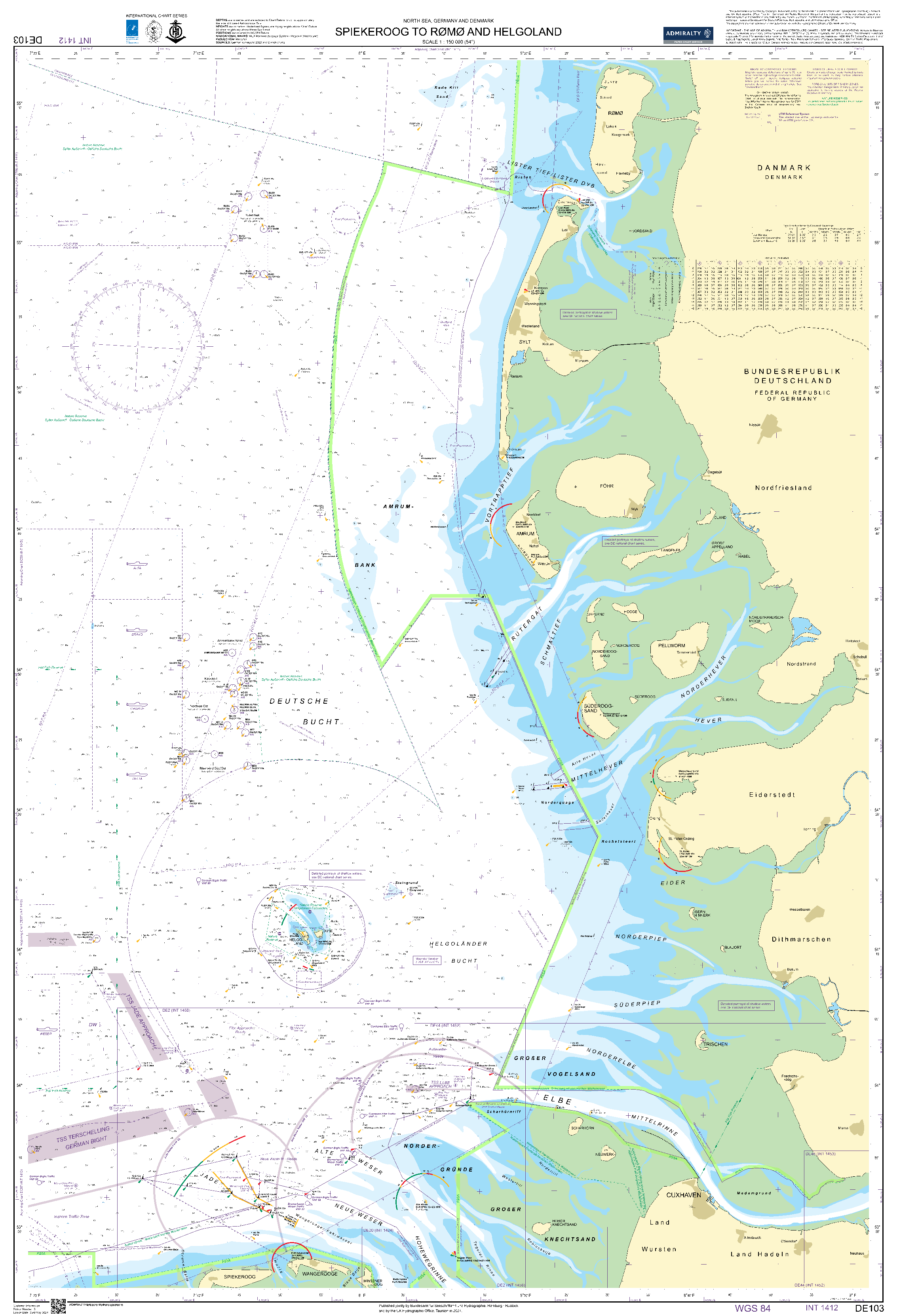 British Admiralty Nautical Chart DE 103: Spiekeroog to Romo and Helgoland