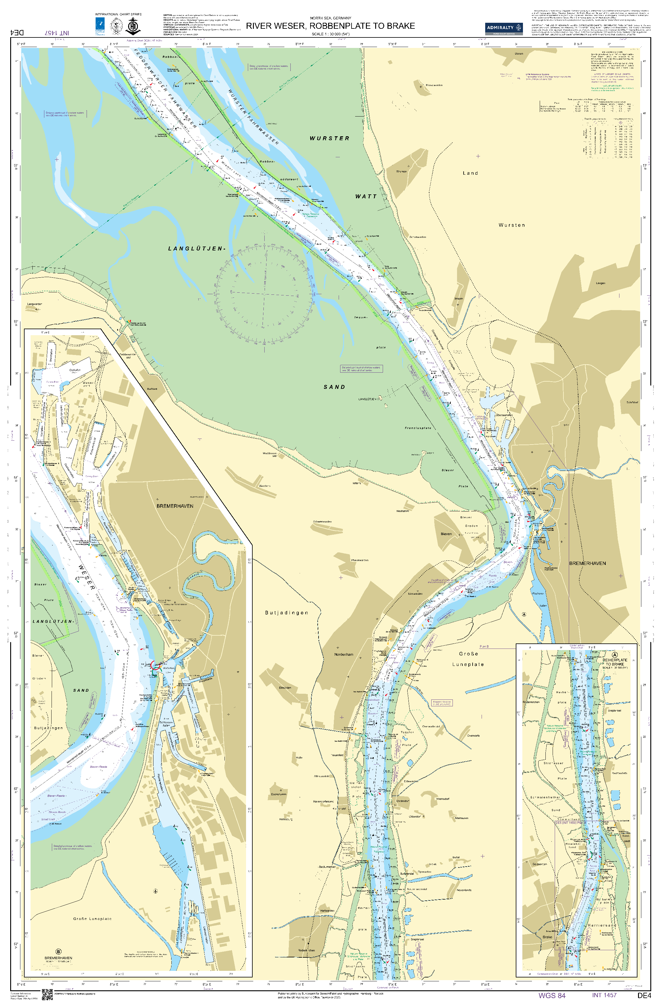 British Admiralty Nautical Chart DE 4: River Weser, Robbenplate to Brake