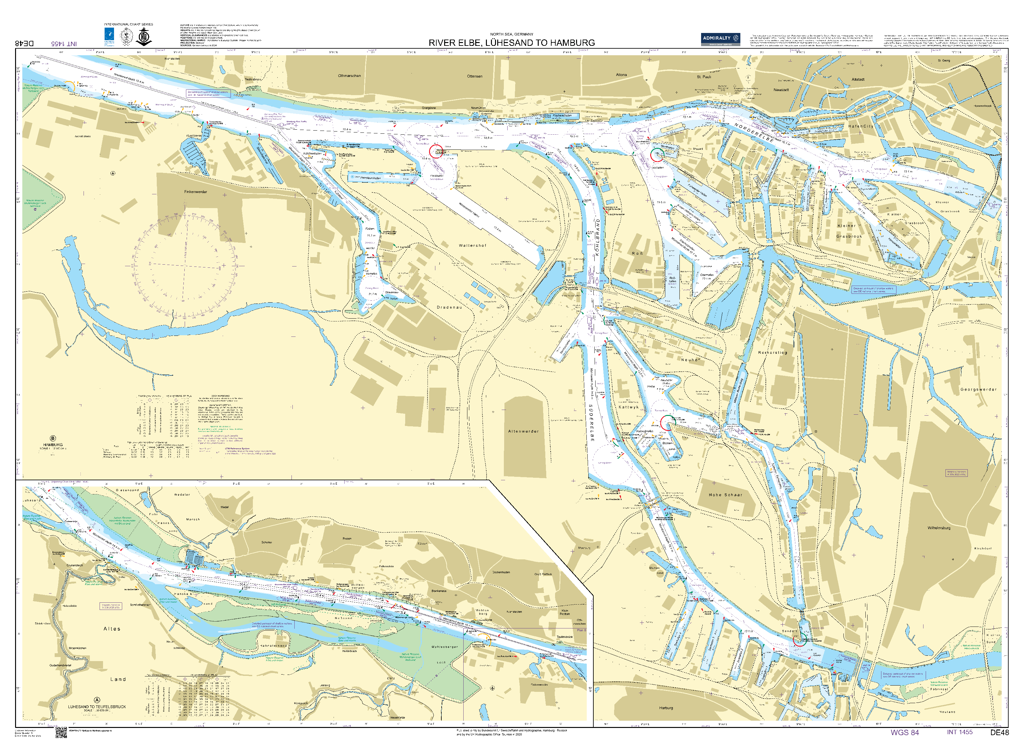 British Admiralty Nautical Chart DE 48: River Elbe Luhesand to Hamburg