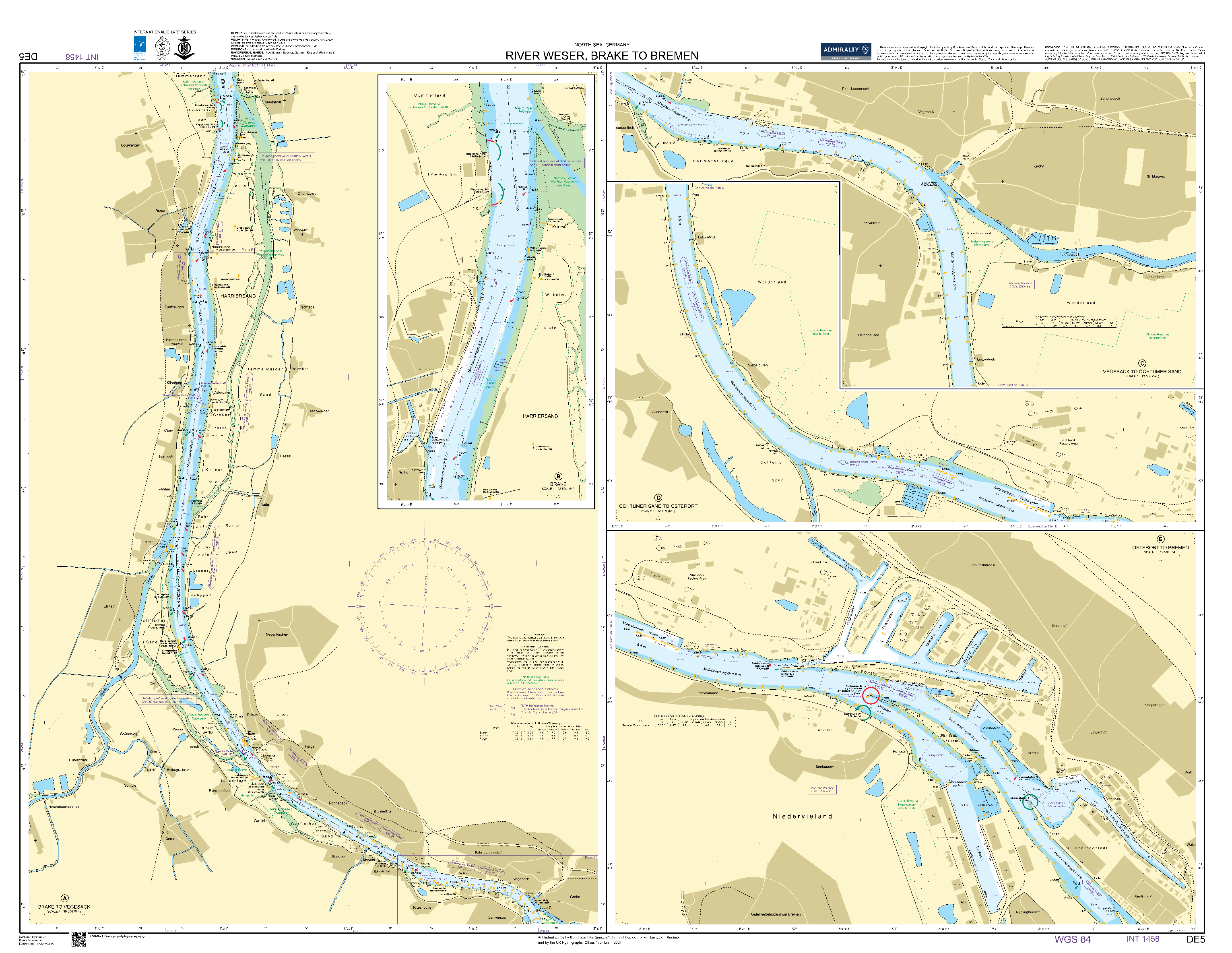 British Admiralty Nautical Chart DE 5: River Weser Brake to Bremen
