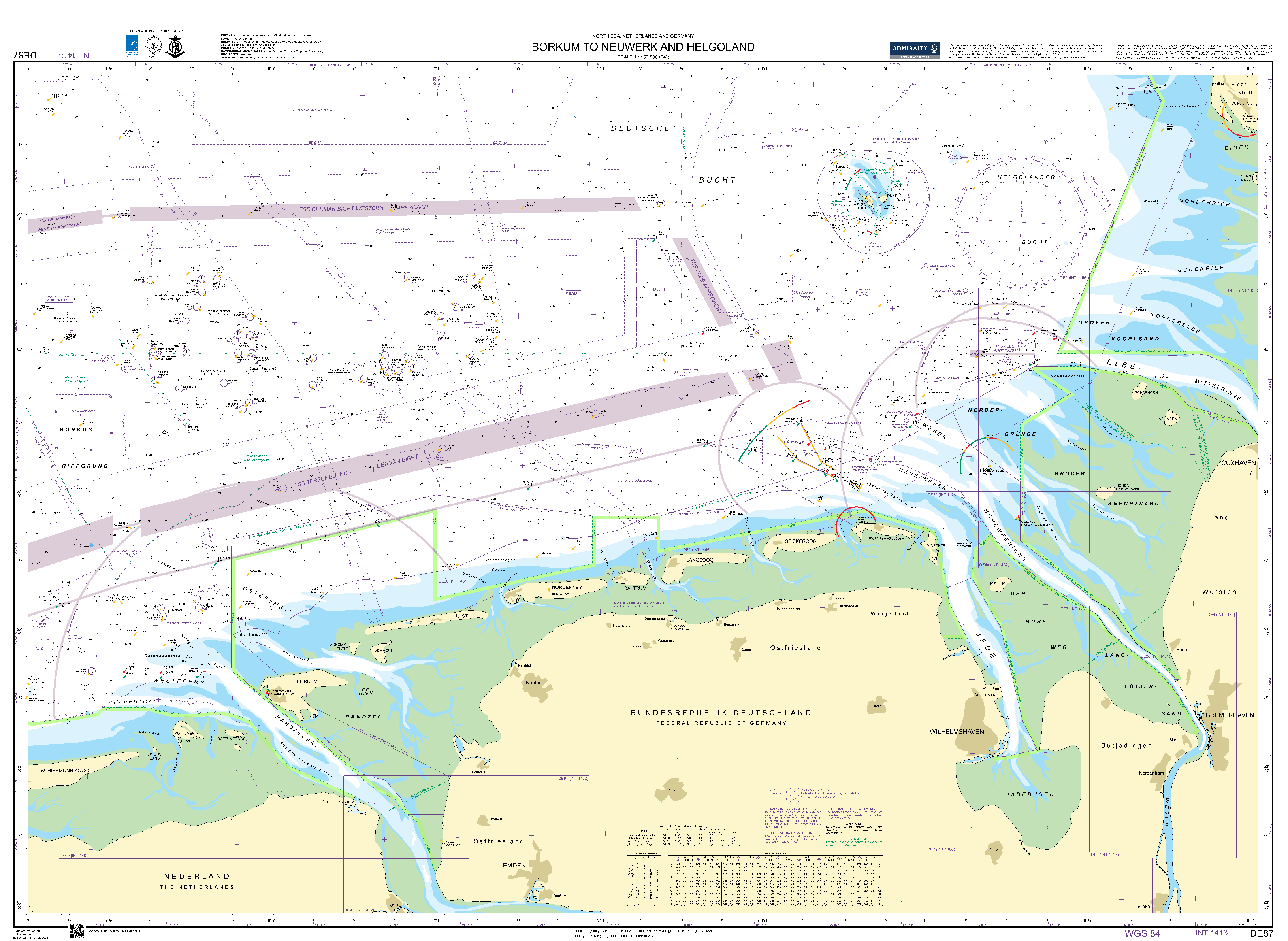 British Admiralty Nautical Chart DE 87: Borkum to Neuwerk and Helgoland