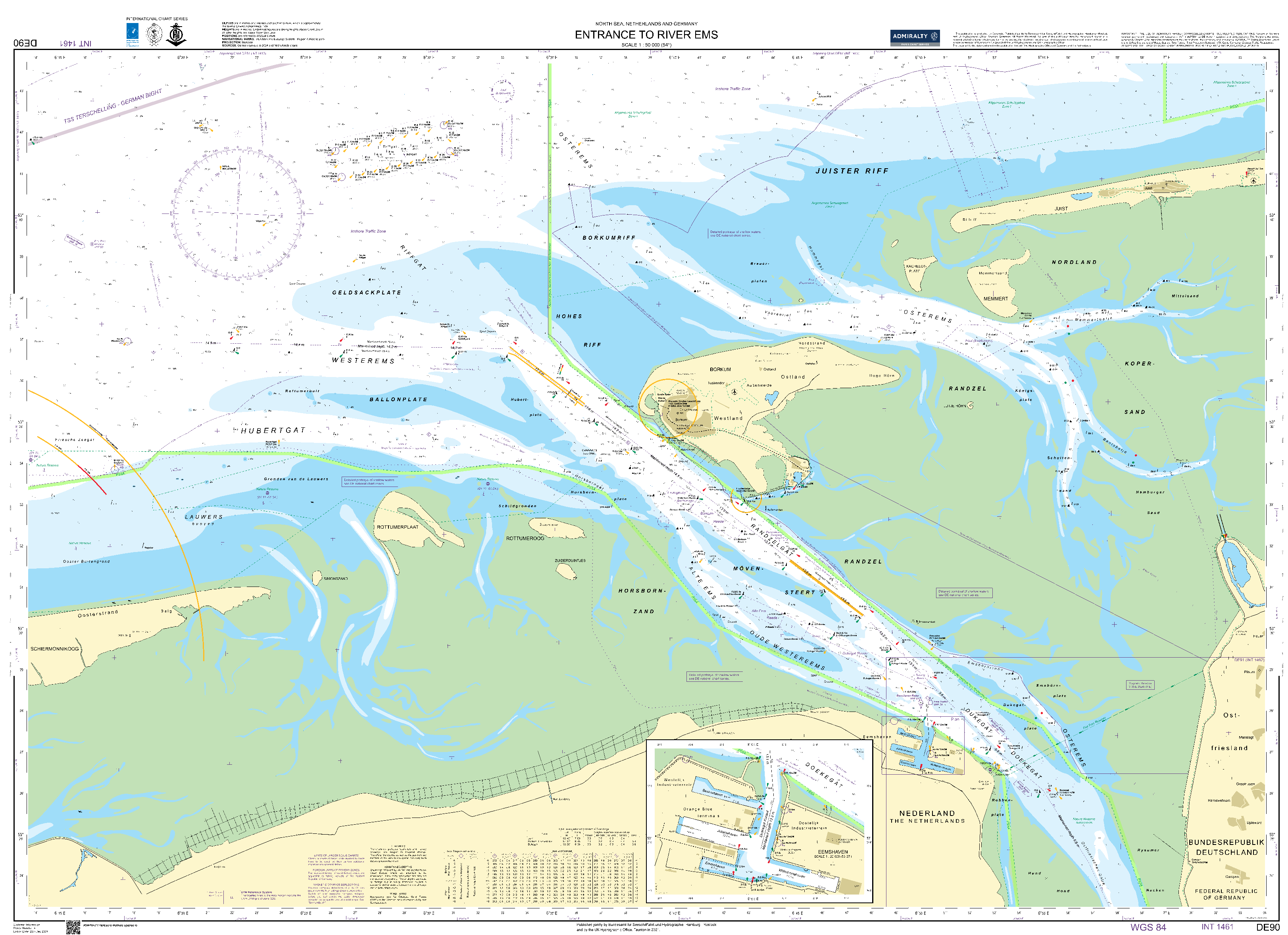 British Admiralty Nautical Chart DE 90: Entrance to River Ems