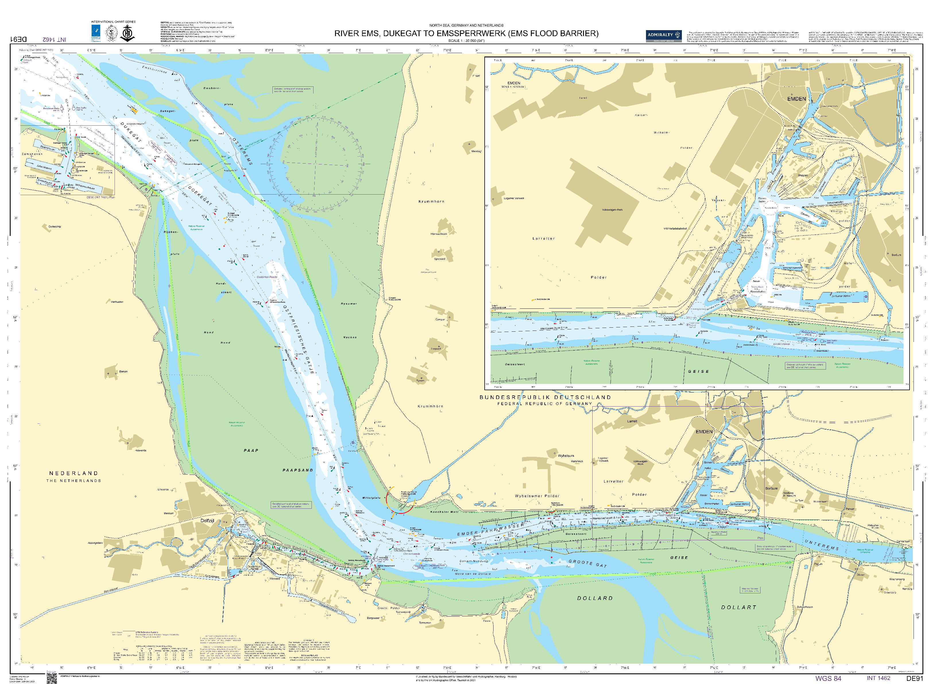 British Admiralty Nautical Chart DE 91: River Ems - Dukegat to Emssperrwerk (Ems Flood Barrier)