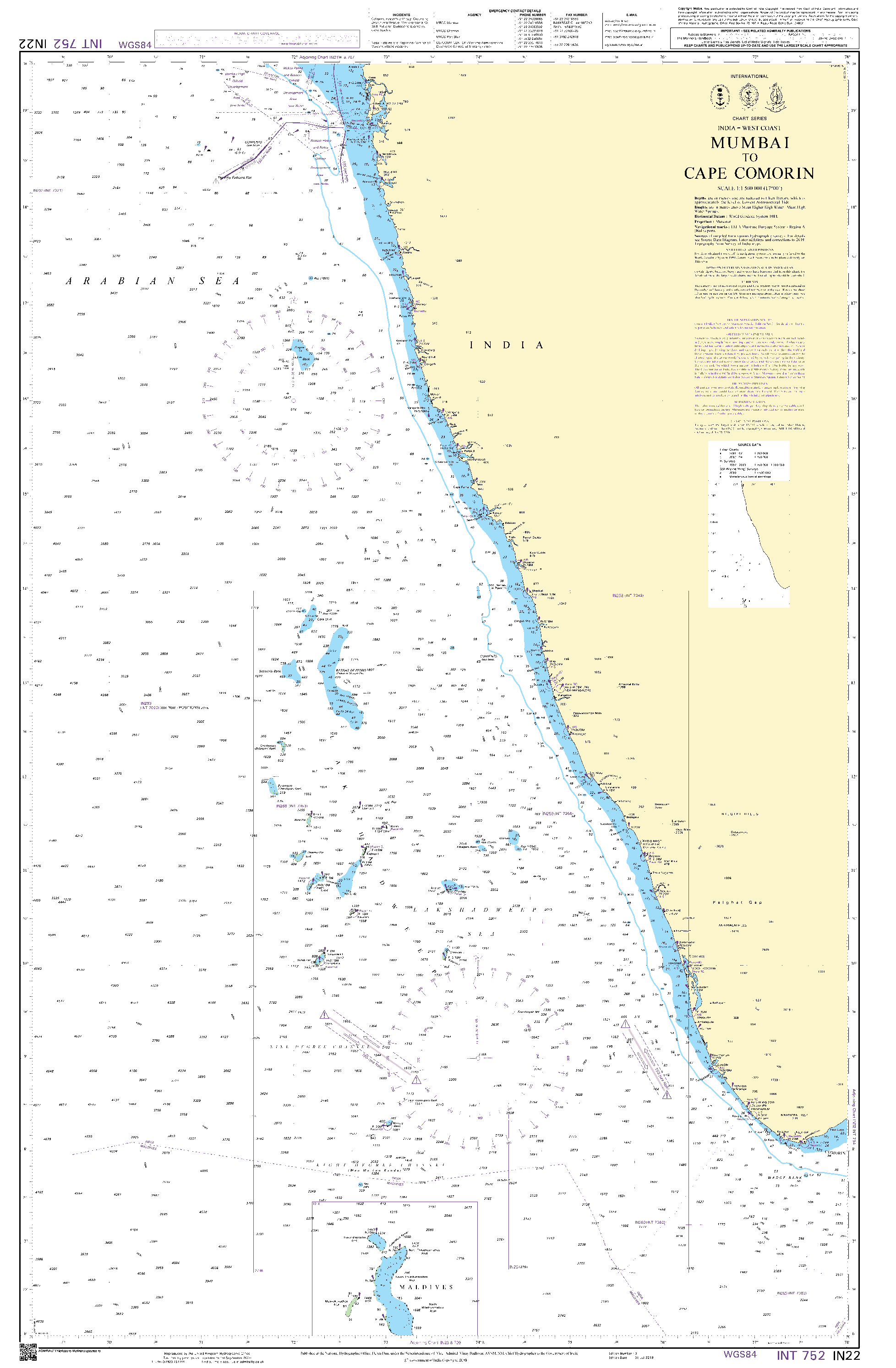 British Admiralty Nautical Chart IN22: Mumbai to Cape Comorin