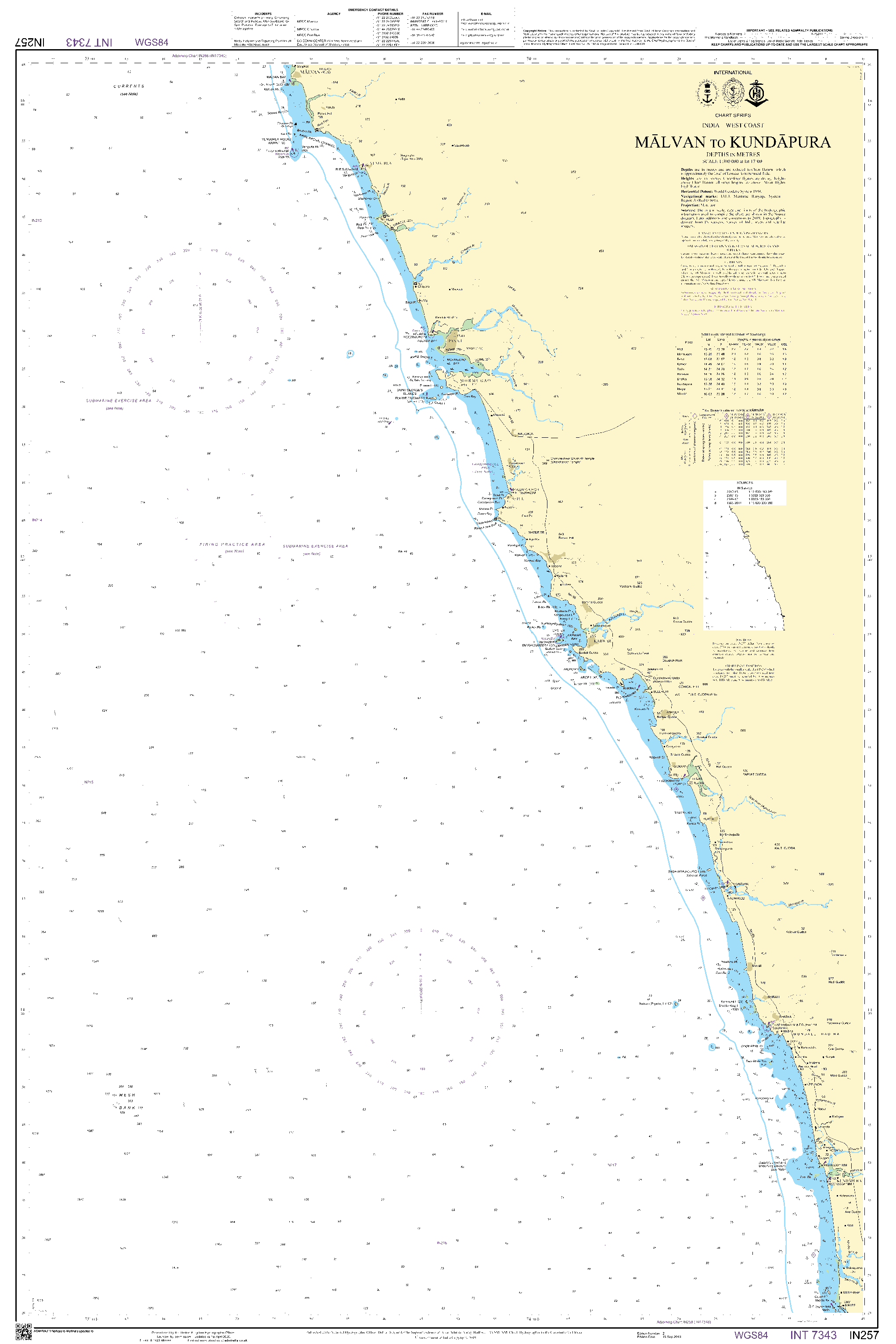British Admiralty Nautical Chart IN257: Malvan to Kundapura