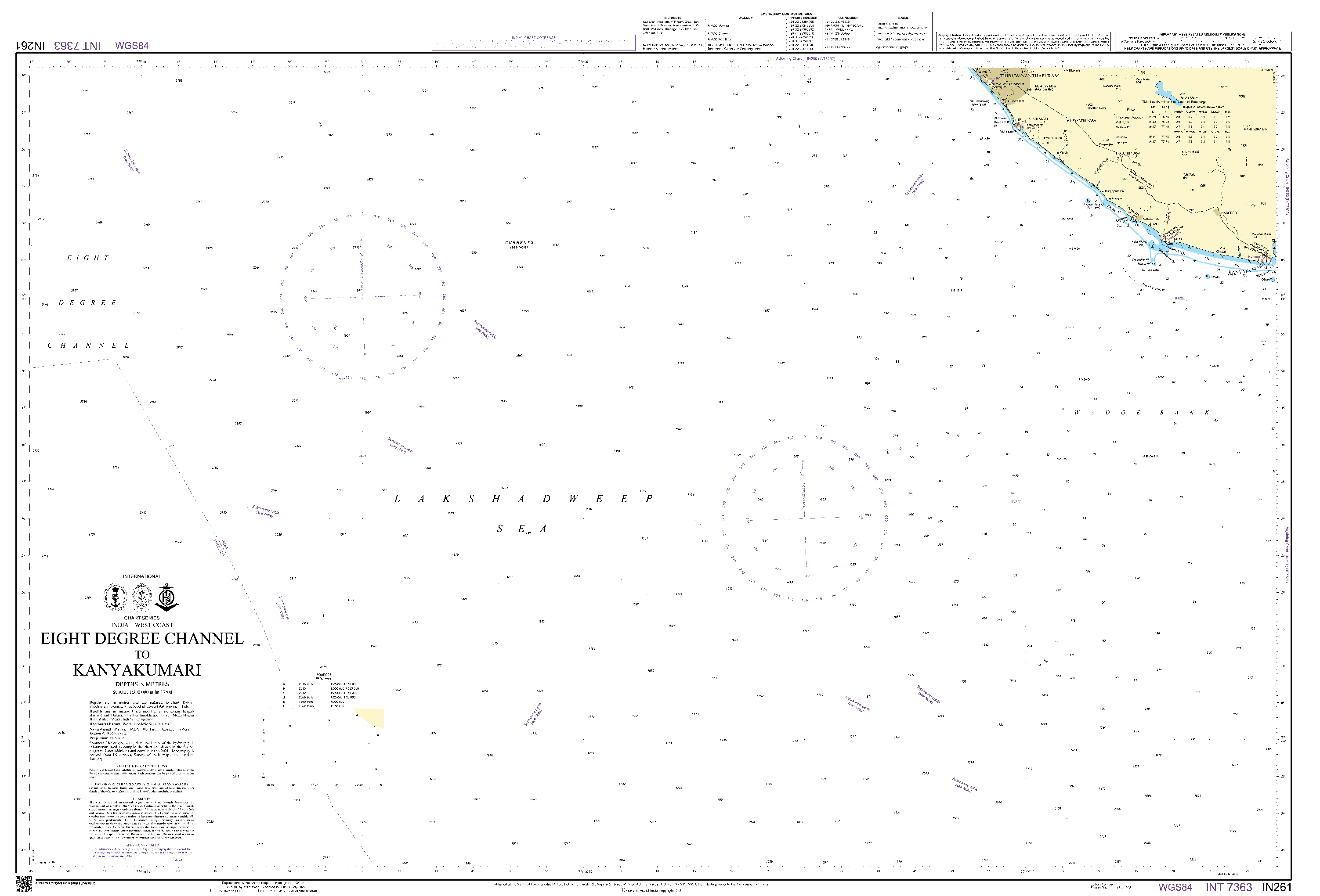 British Admiralty Nautical Chart IN261: Eight Degree Channel to Kanniyakumari (Cape Comorin)