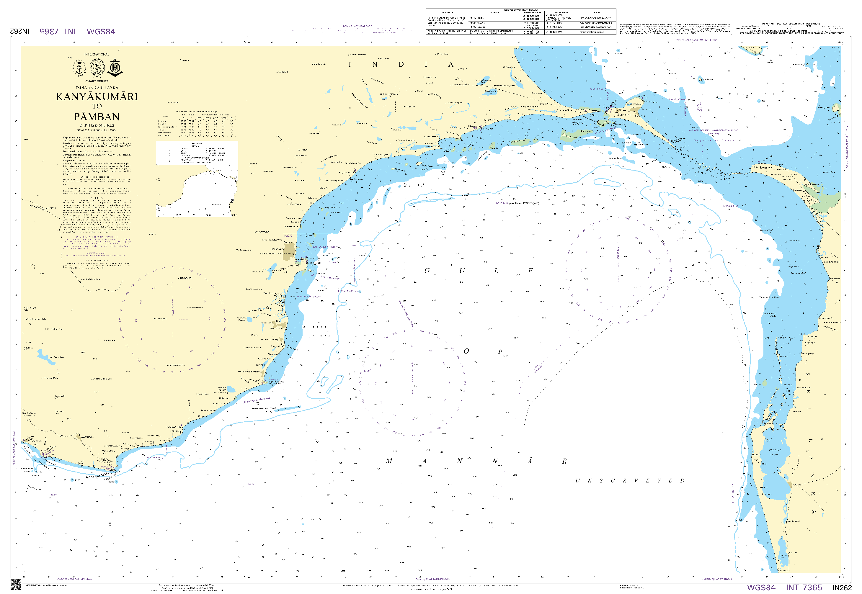 British Admiralty Nautical Chart IN262: Cape Comorin to Pamban