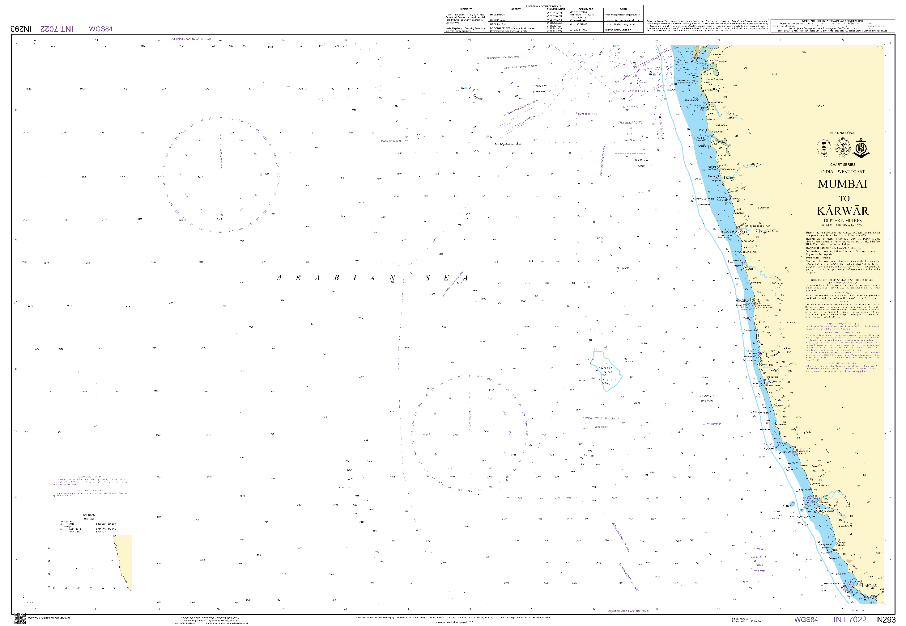 British Admiralty Nautical Chart IN293: Mumbai to New Mangalore