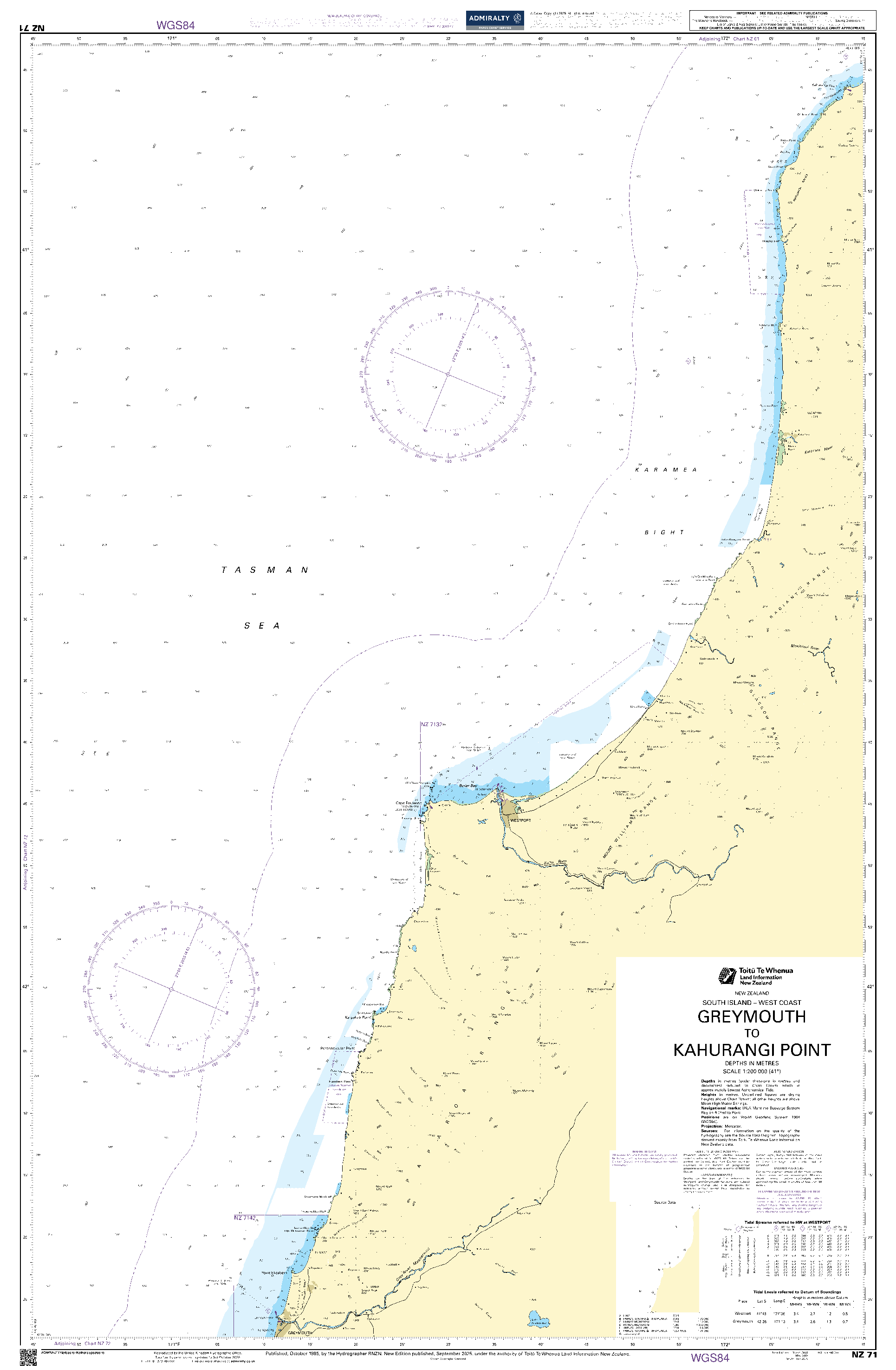 British Admiralty Nautical Chart NZ71: Greymouth to Kahurangi Point