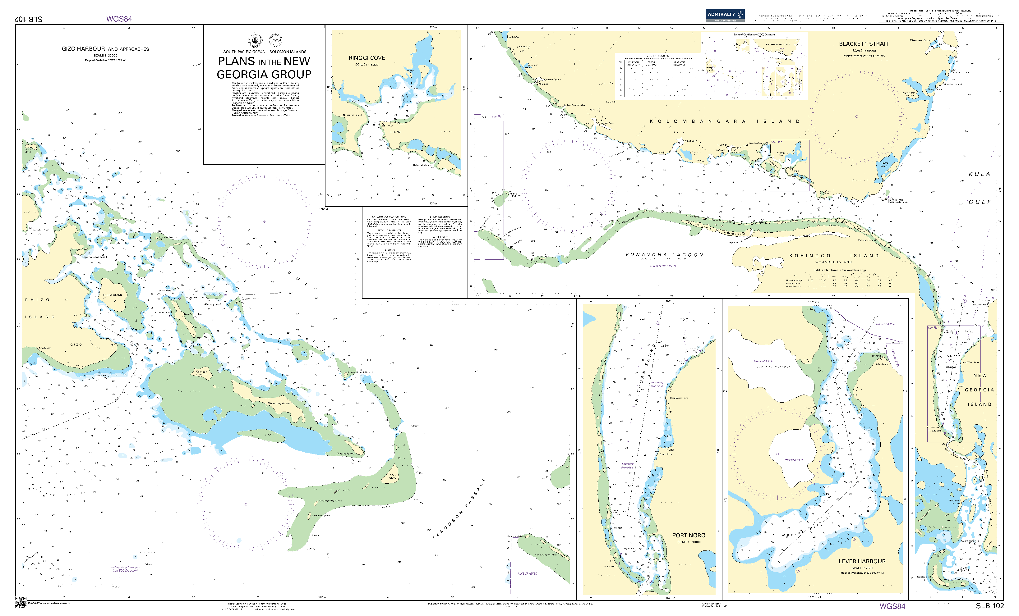 British Admiralty Nautical Chart SLB102: Plans in the New Georgia Group