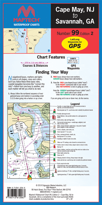 Cape May, NJ to Savannah, GA Waterproof Chart, 2nd Edition