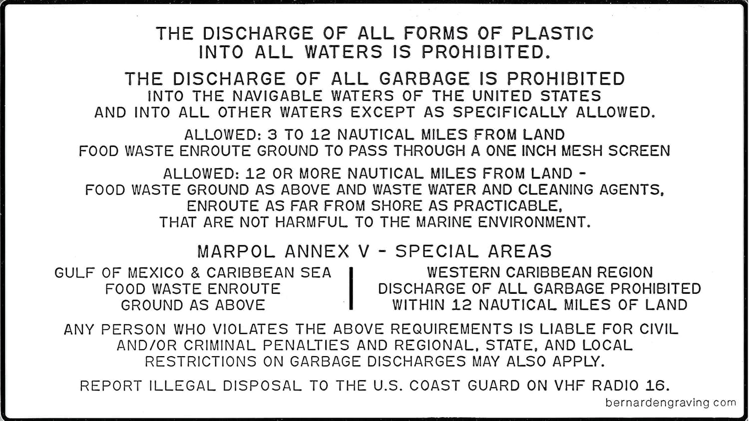 Discharge of Garbage or Waste from Vessel - Marine Regulation Placard