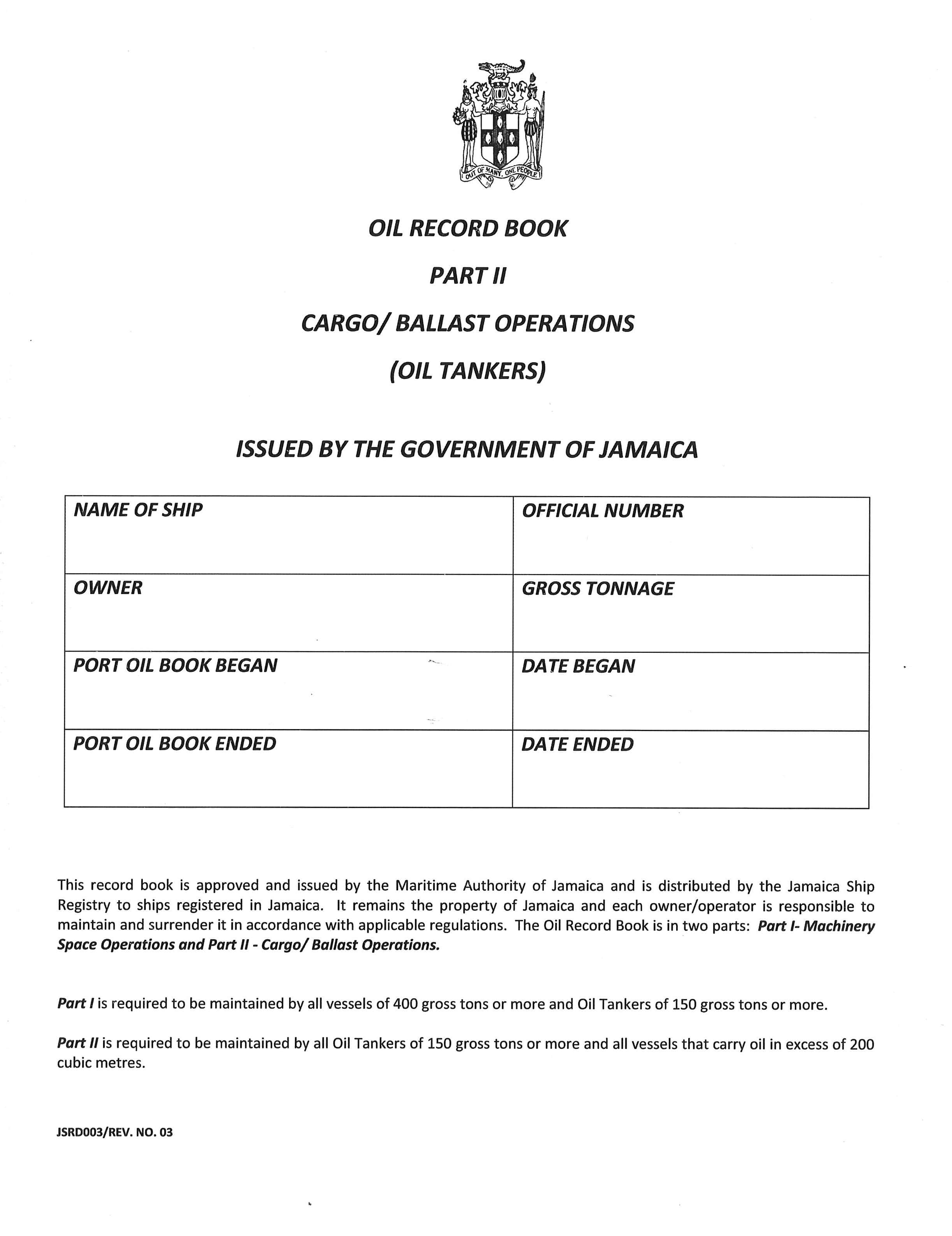 Jamaican Registry Oil Record Book, Part II