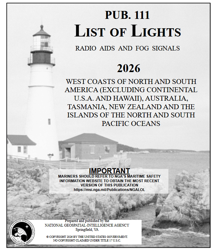 List of Lights Pub. 111 - West Coast of North & South America & Pacific Ocean, 2026 Edition