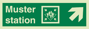 Marine Direction Sign: Muster Station + Symbol + Arrow Diagonally Up Right (2019)