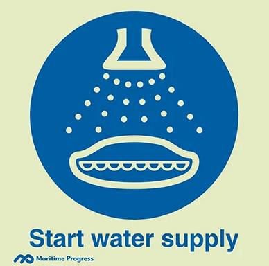 Marine Safety Sign, IMO Life Saving App. Symbol: Start Water Supply - With Text