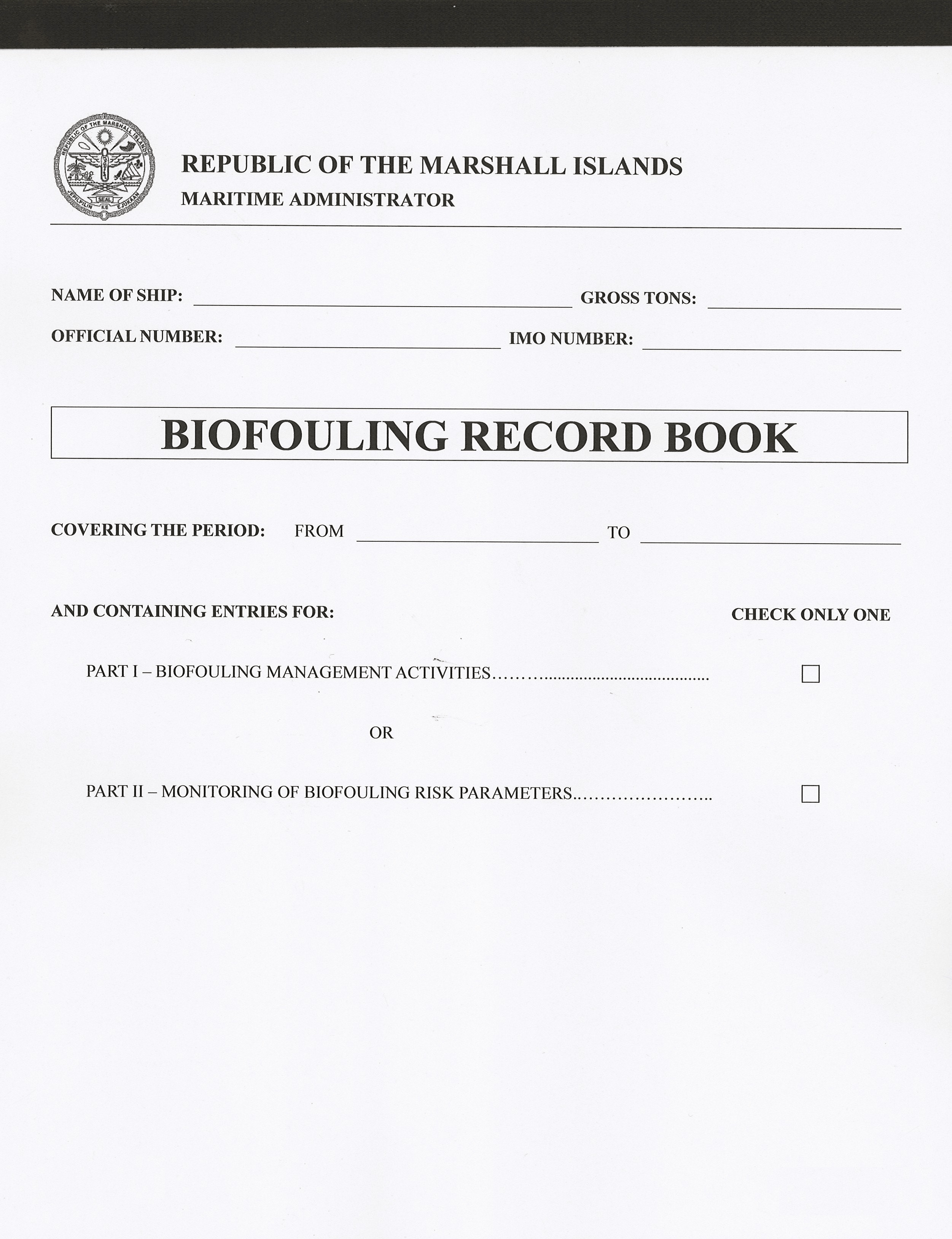 Marshall Islands Biofouling Record Book (MI-401)