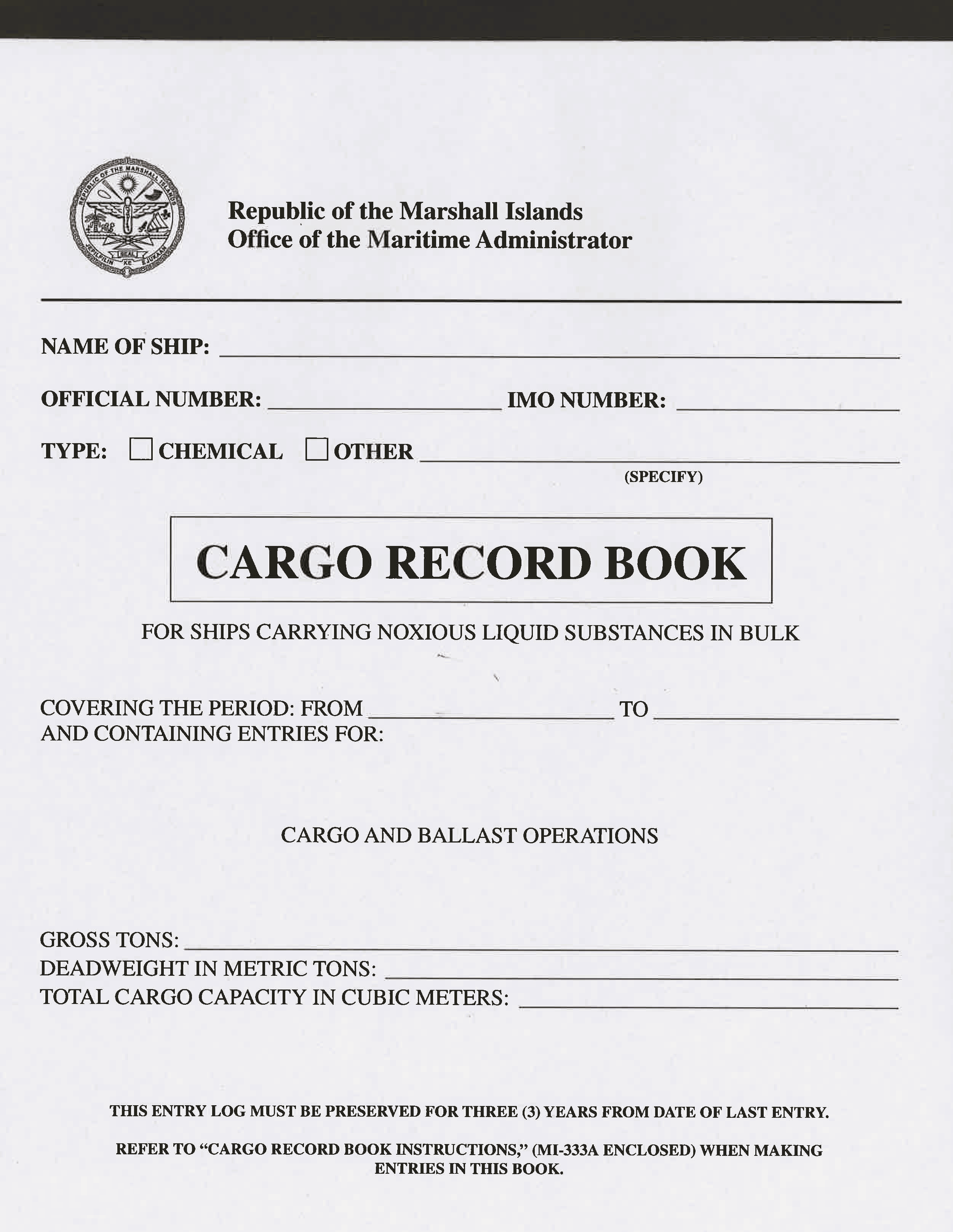 Marshall Islands Cargo Record Book (MI-405)