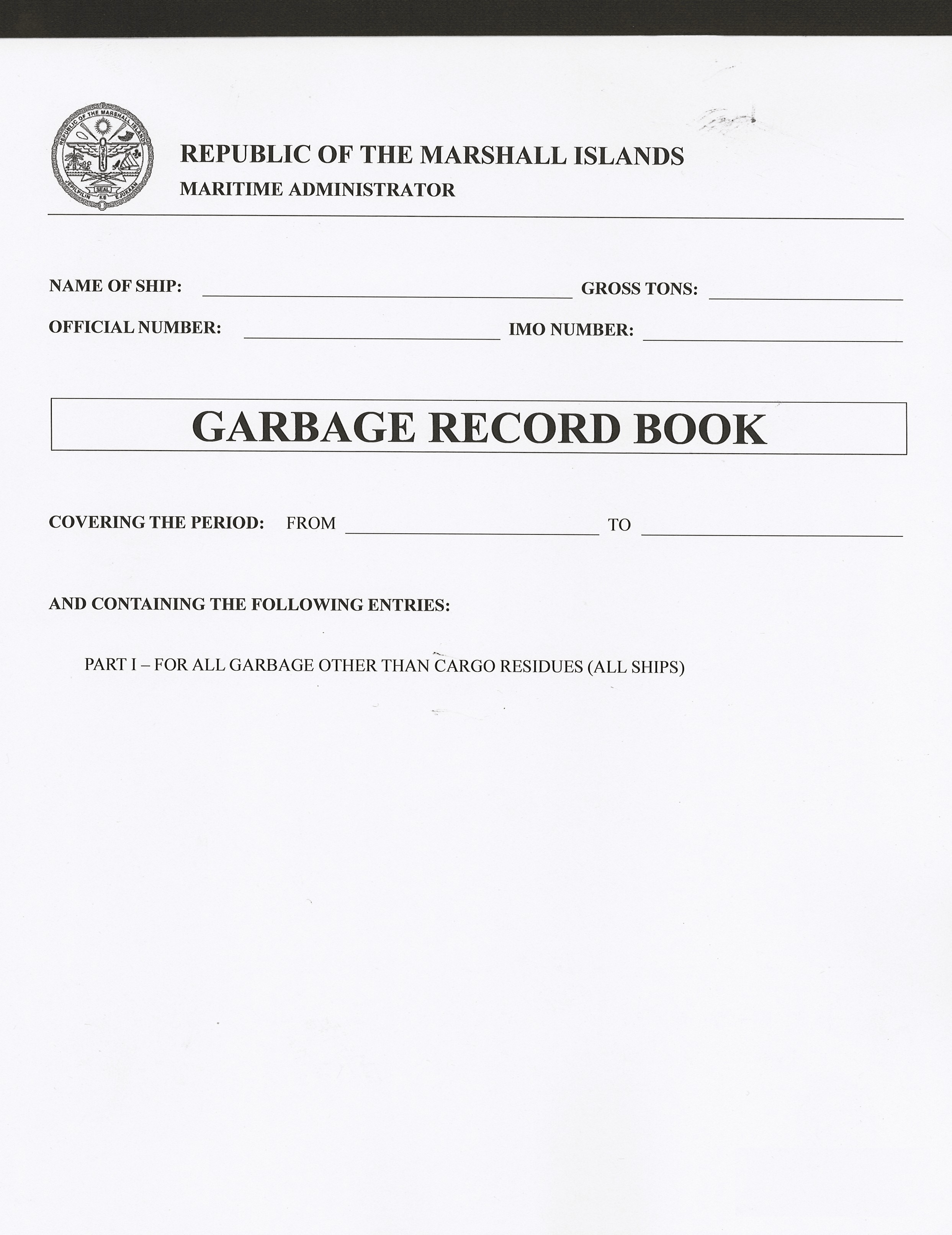 Marshall Islands Garbage Record Book, Part I (MI-403)