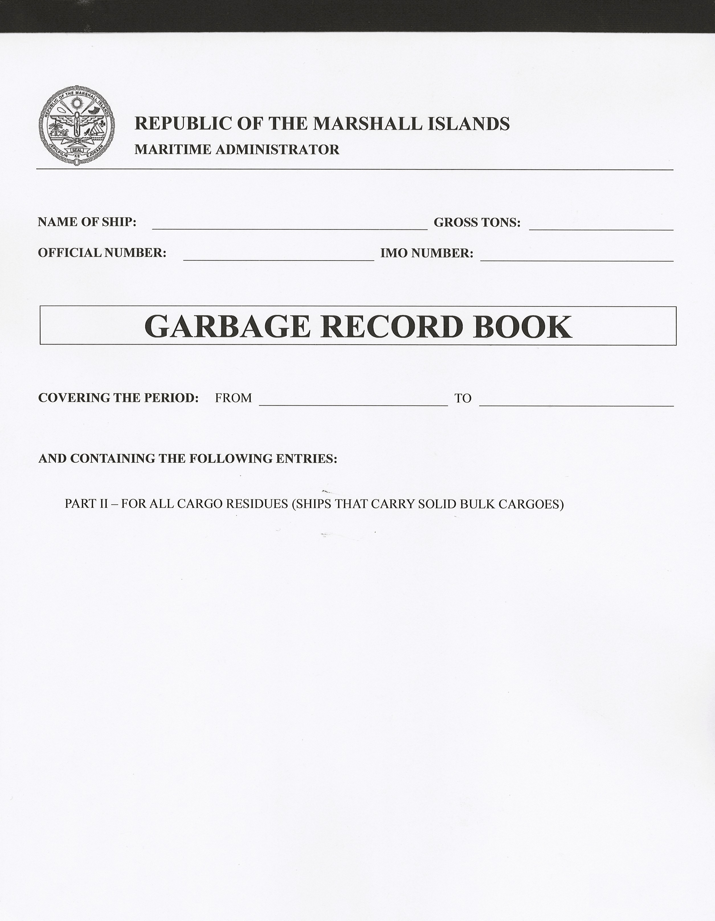 Marshall Islands Garbage Record Book, Part II (MI-404)