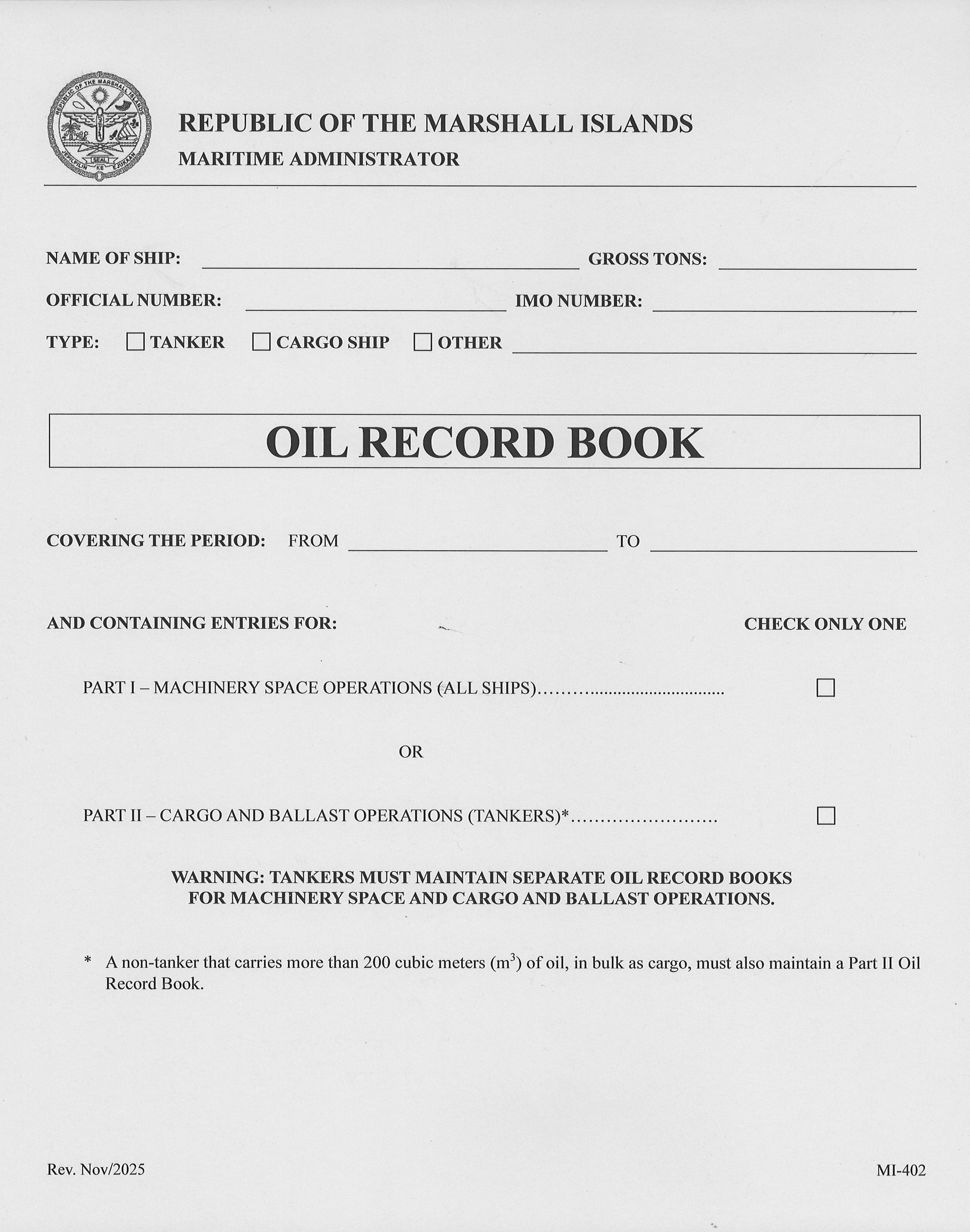 Marshall Islands Oil Record Book (MI-402)