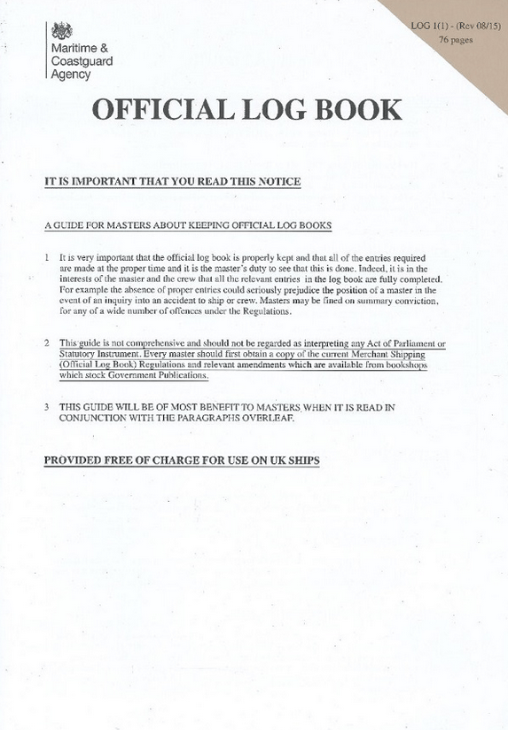MCA Ship's Official Record Log Book (Limit 2 per Vessel) (UK Vessels Only)
