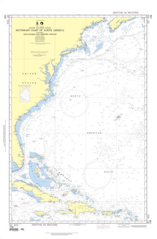 NGA Nautical Chart 108: Southeast Coast of North America including the Bahamas and Greater Antilles