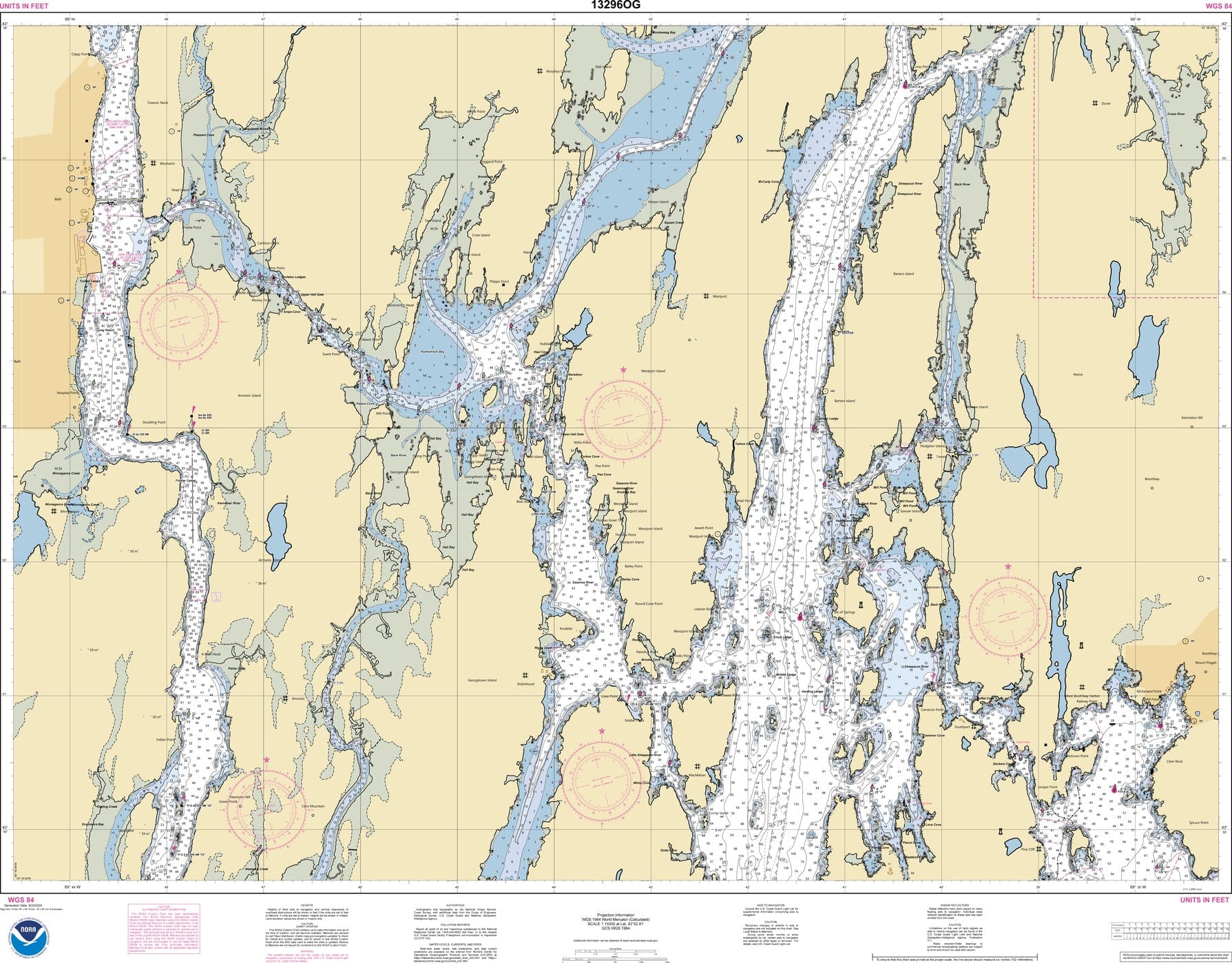 NOAA Nautical Chart 13296 Boothbay Harbor to Bath, Including Kennebec