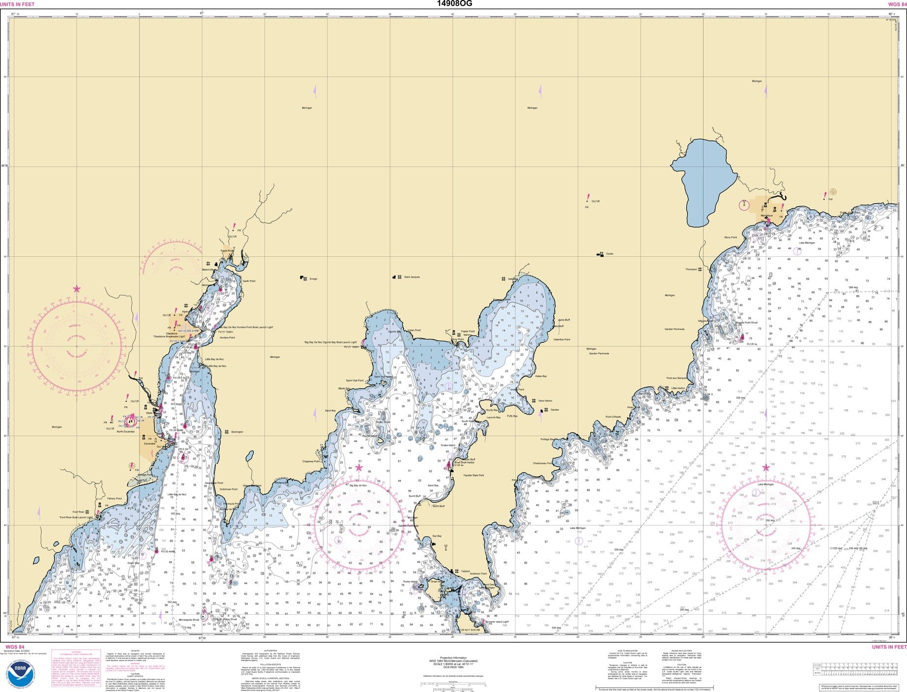 NOAA Nautical Chart 14908: Dutch Johns Point to Fishery Point, including Big Bay de Noc and Little Bay de Noc;Manistique