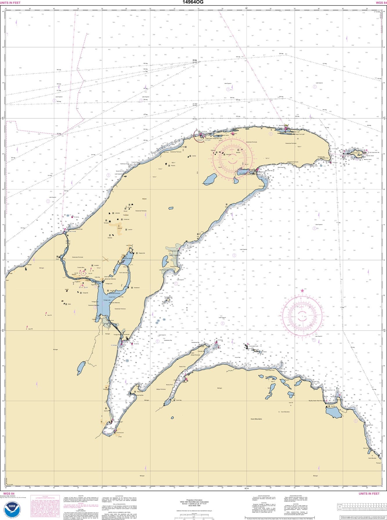 NOAA Nautical Chart 14964: Big Bay Point to Redridge; Grand Traverse Bay Harbor; Lac La Belle harbor; Copper and Eagle Harbors