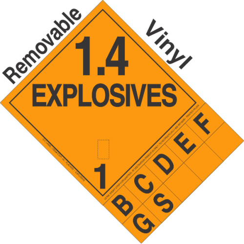 Placard Class 1.4: Explosives, Tabbed Removable Vinyl DOT Placard