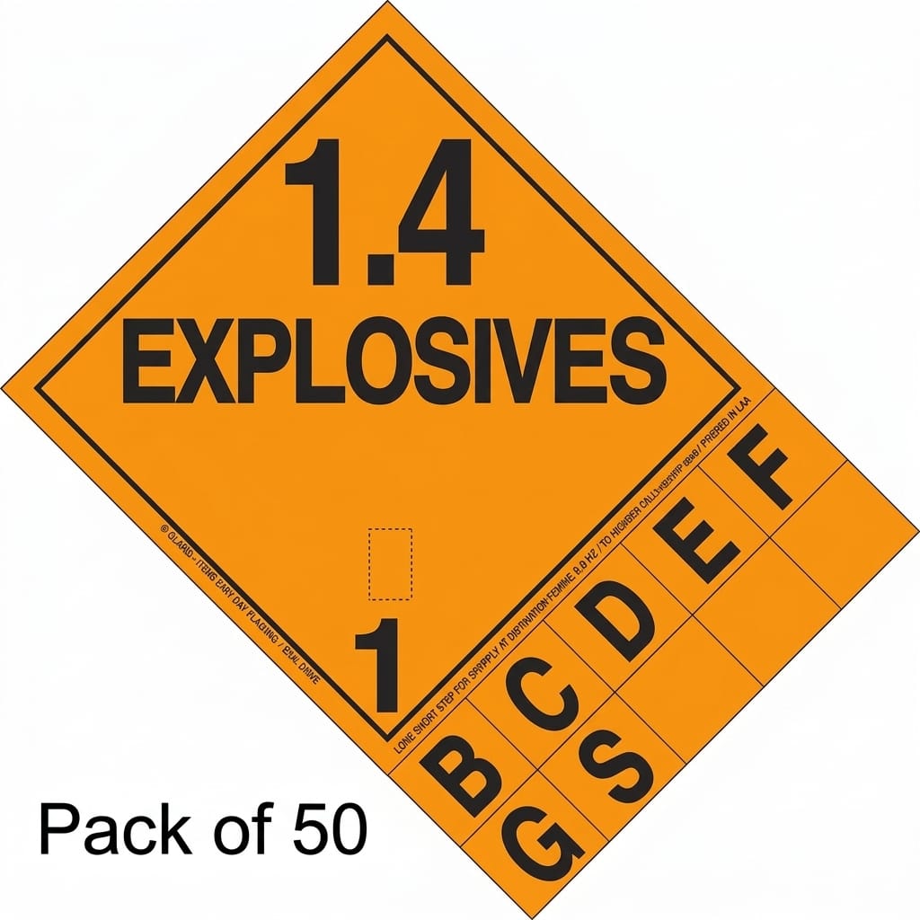 Placard Class 1.4: Explosives, Tabbed Removable Vinyl DOT Placard