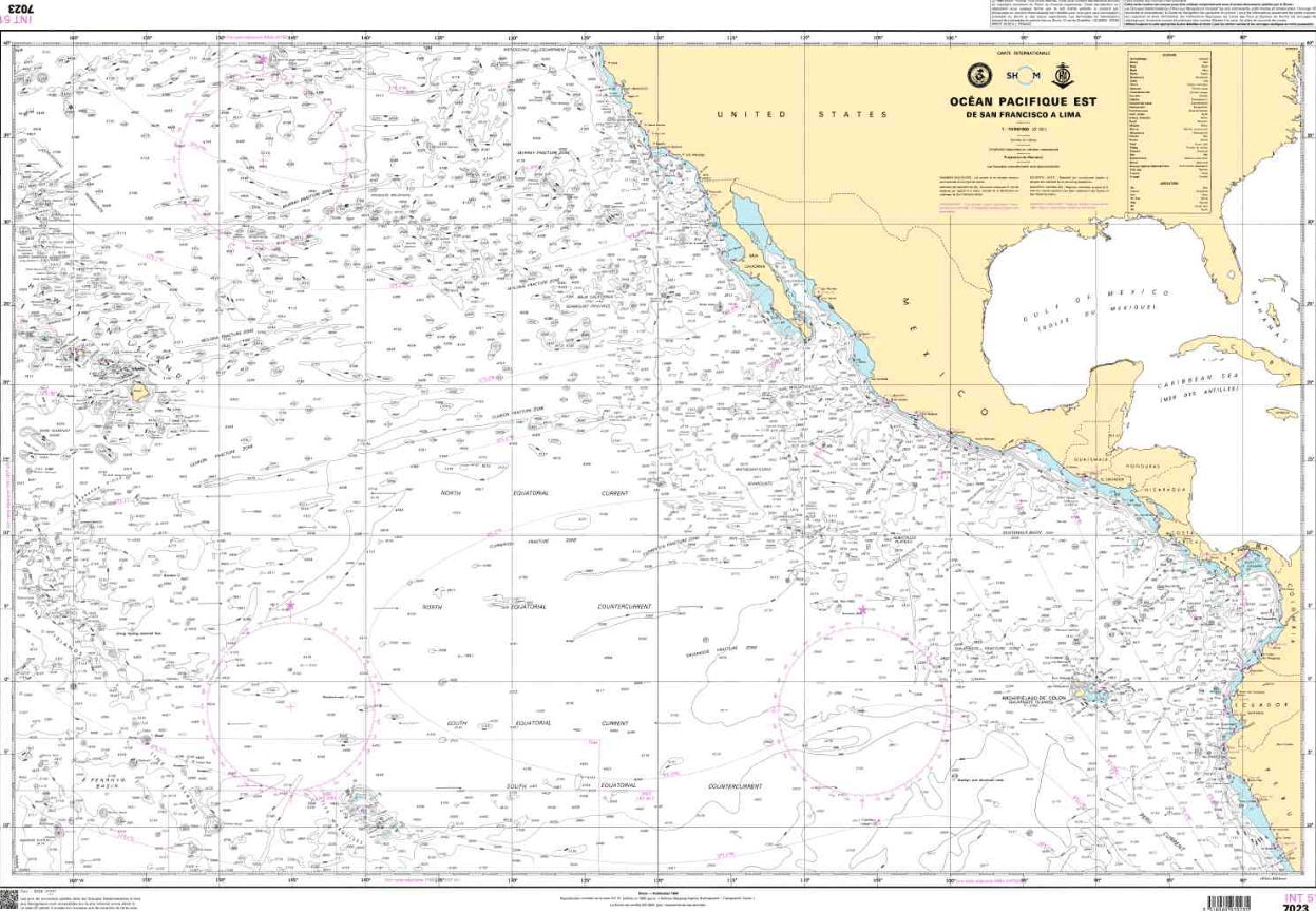 SHOM Chart 7023 - Océan Pacifique Est - De San Francisco à Lima