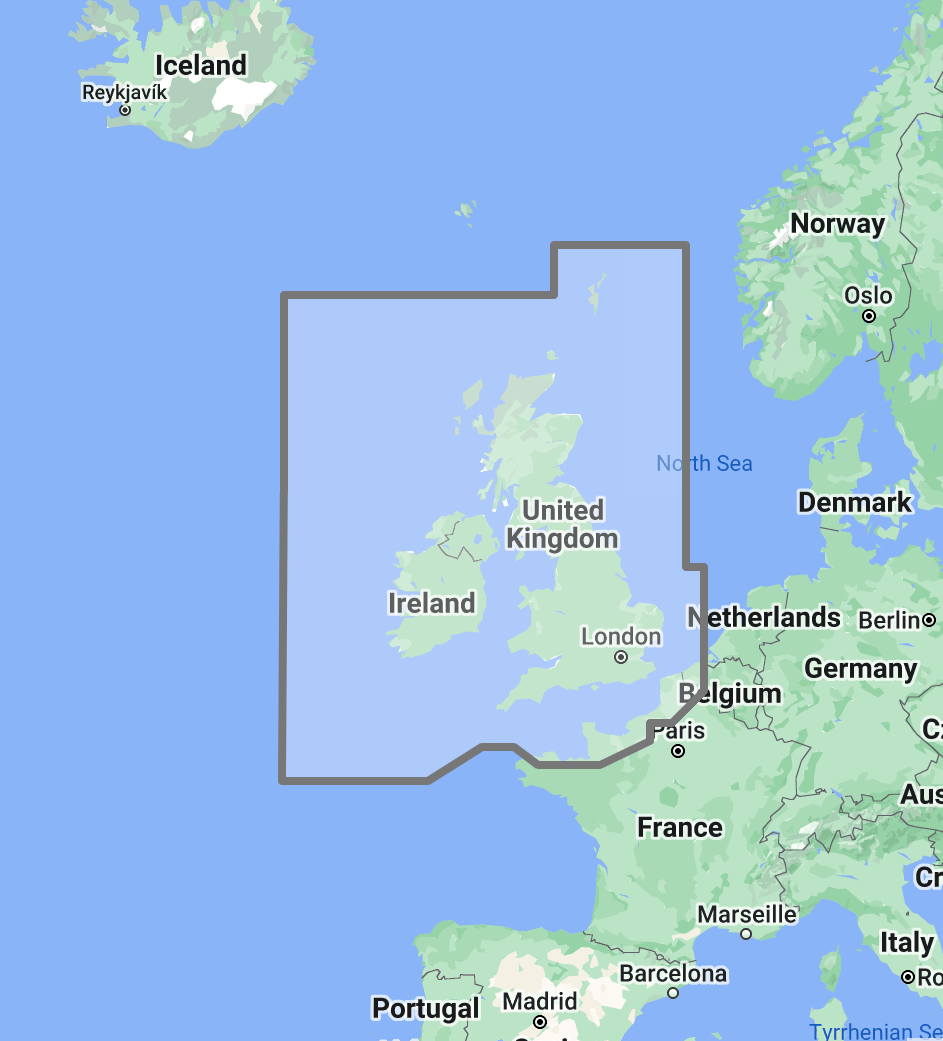 Timezero TZ Map: British Islands, Ireland, English Channel