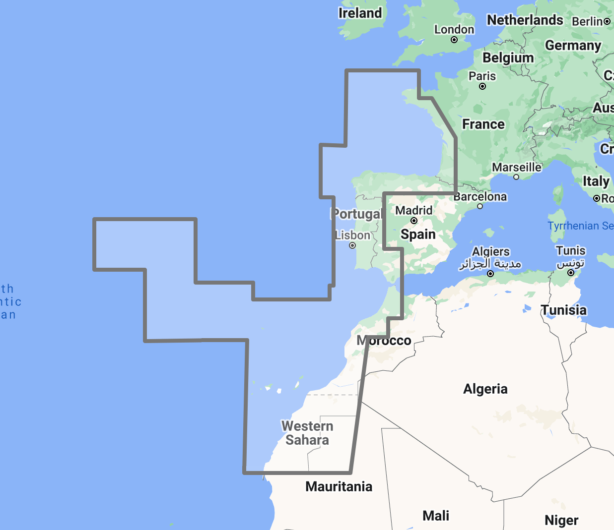 Timezero TZ Map: Gulf of Viscaya, Portugal, Açores, Madeira, Canaries