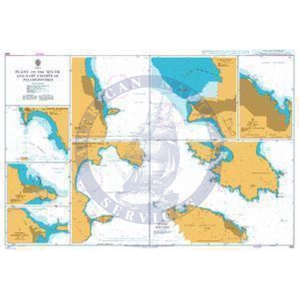 British Admiralty Nautical Chart 1683: Plans on the South and East Coasts of Peloponnisos