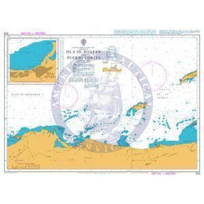 British Admiralty Nautical Chart  513: Central America – East Coast – Honduras, Isla de Roatán to Puerto Cortés.