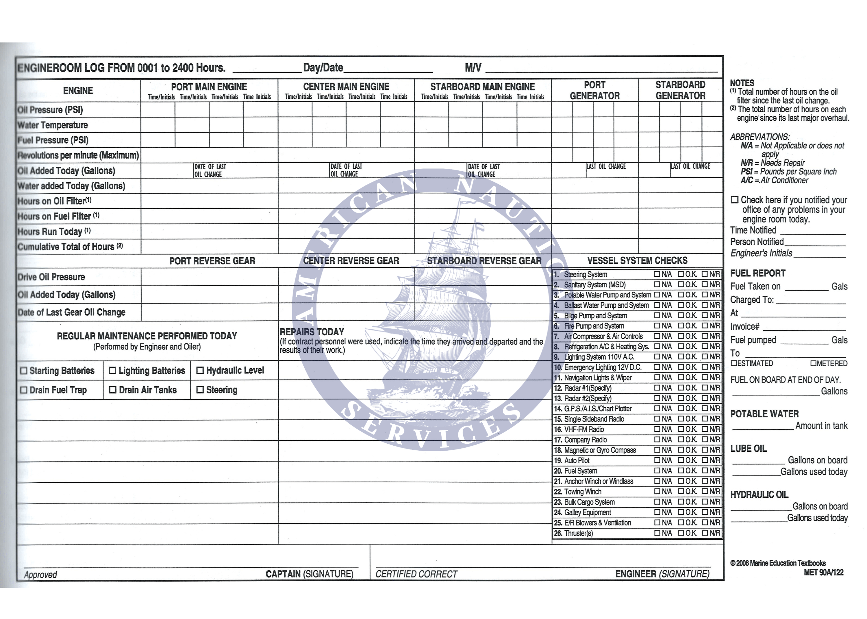 Daily Engineroom Logbook - Type 90A (BK-122)