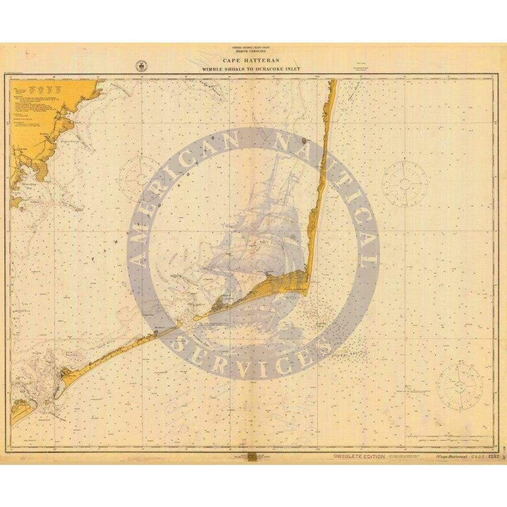 Historical Nautical Chart 1232-04-1916: NC, Cape Hatteras-Wimble Shoals to Ocracoke Inlet Year 1916