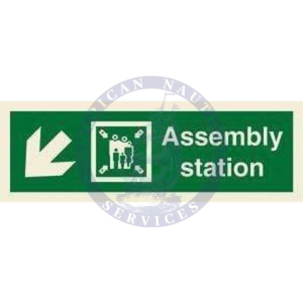 Marine Direction Sign: Assembly station + Symbol + Arrow diagonally down left
