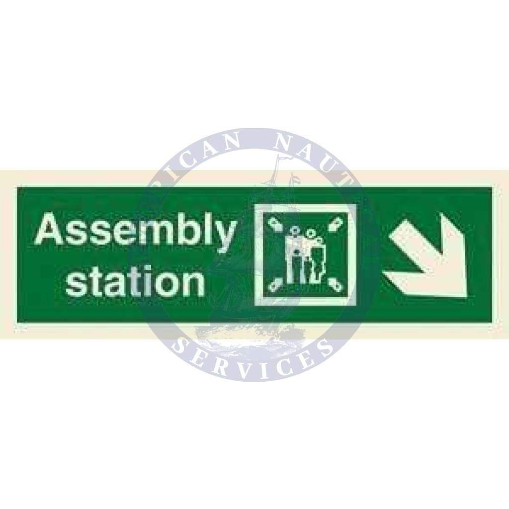 Marine Direction Sign: Assembly station + Symbol + Arrow diagonally down right