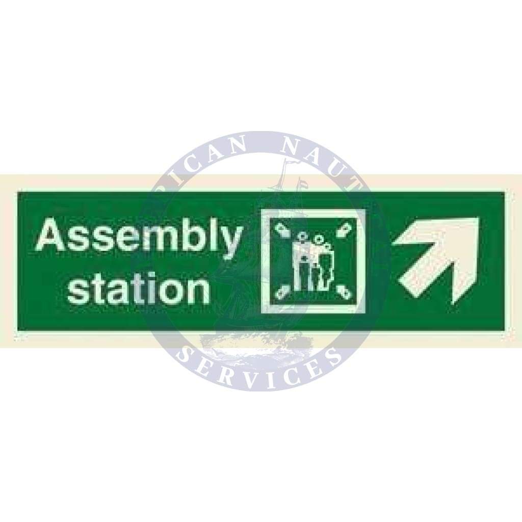 Marine Direction Sign: Assembly station + Symbol + Arrow diagonally up right