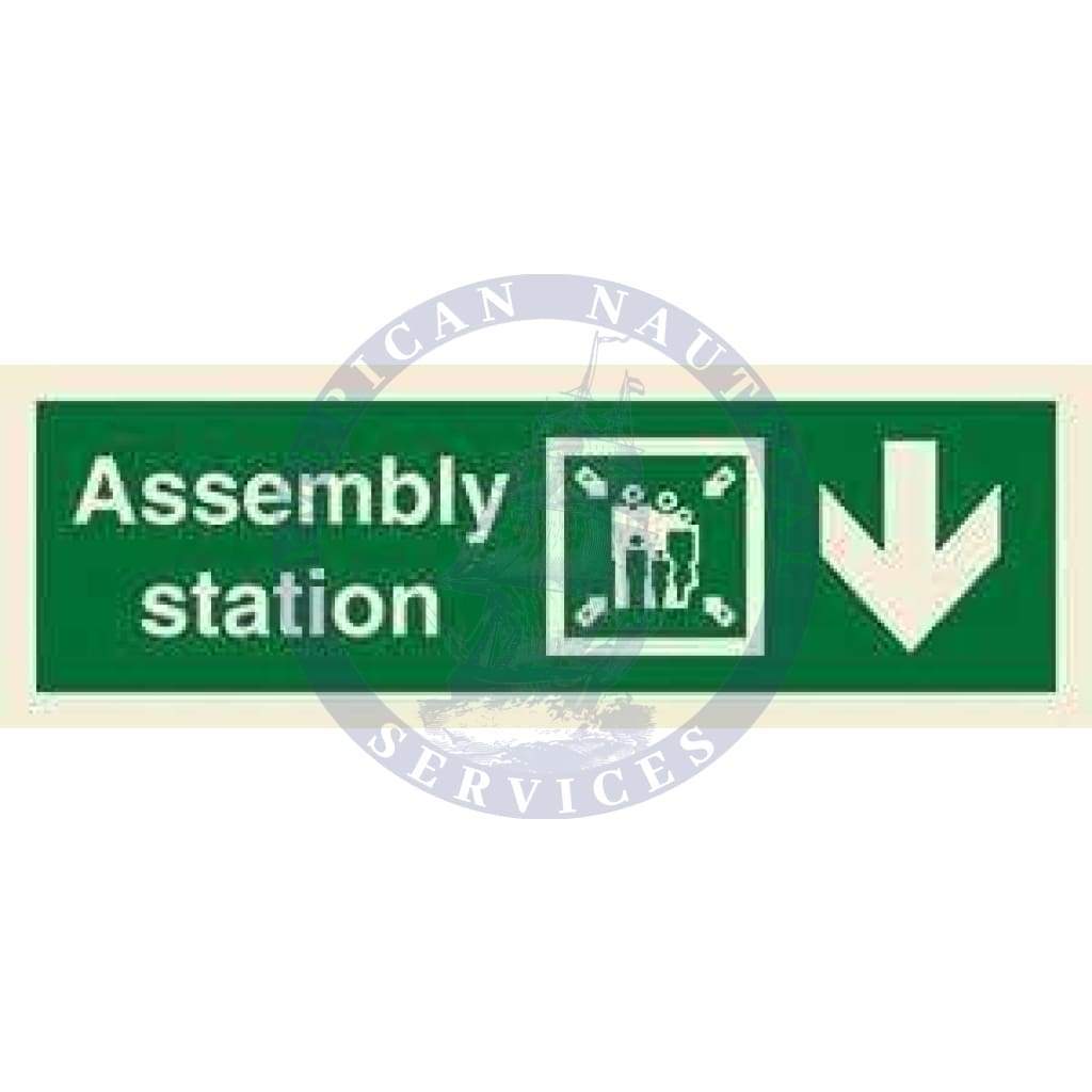 Marine Direction Sign: Assembly station + Symbol + Arrow down on right