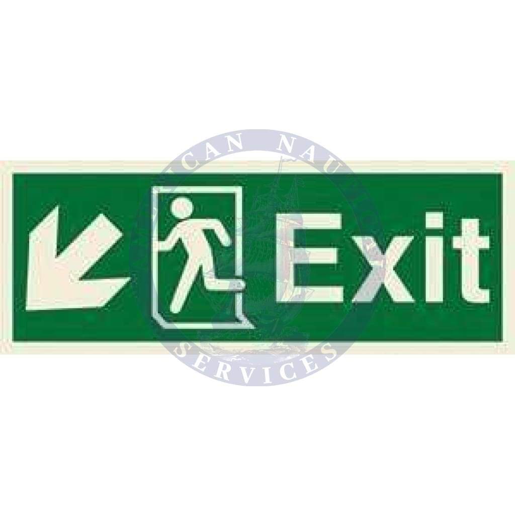Marine Direction Sign: Exit, Running man symbol, Arrow diagonally down left
