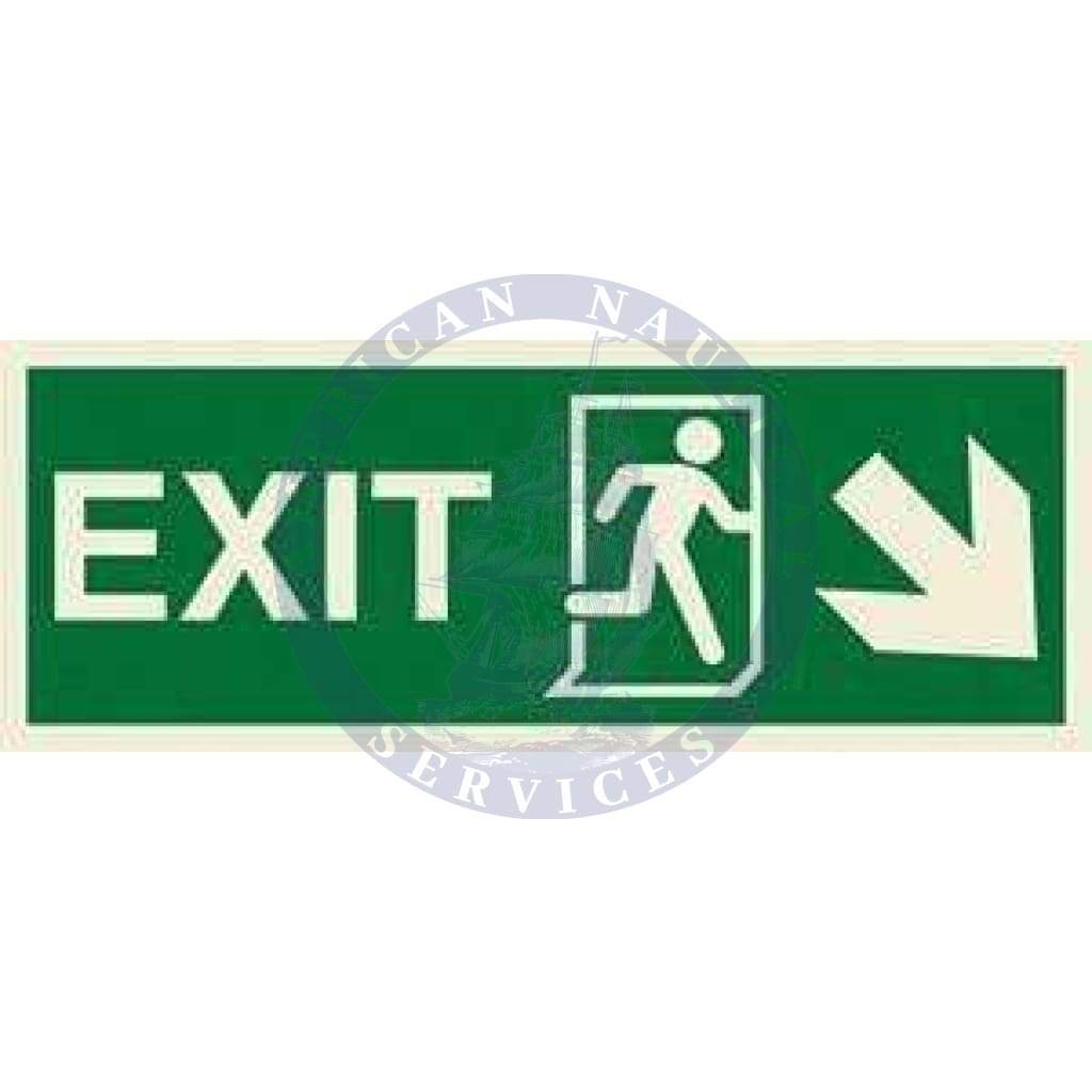Marine Direction Sign: EXIT + Running man symbol + Arrow diagonally down right